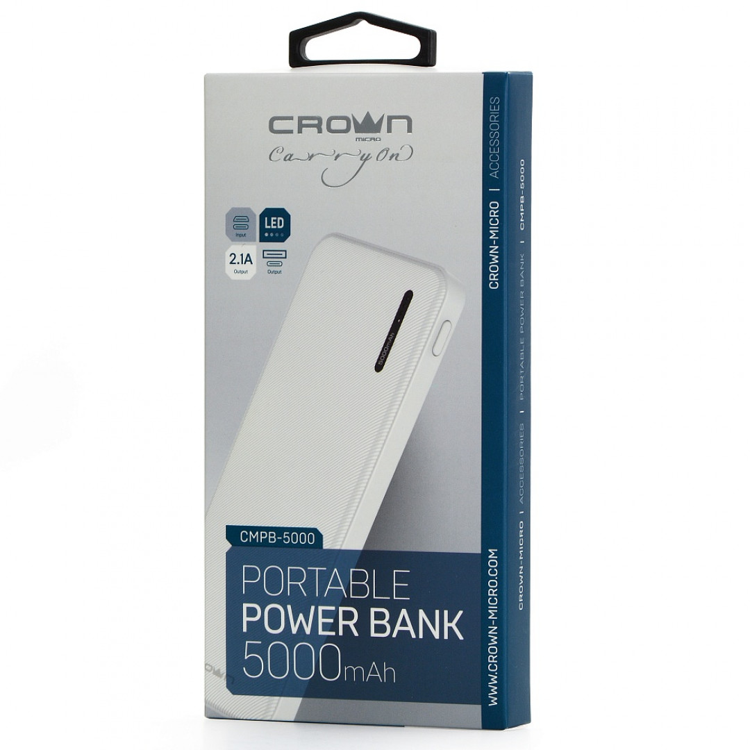 Power Bank Crown White 5000 mAh 2USB 2.1A