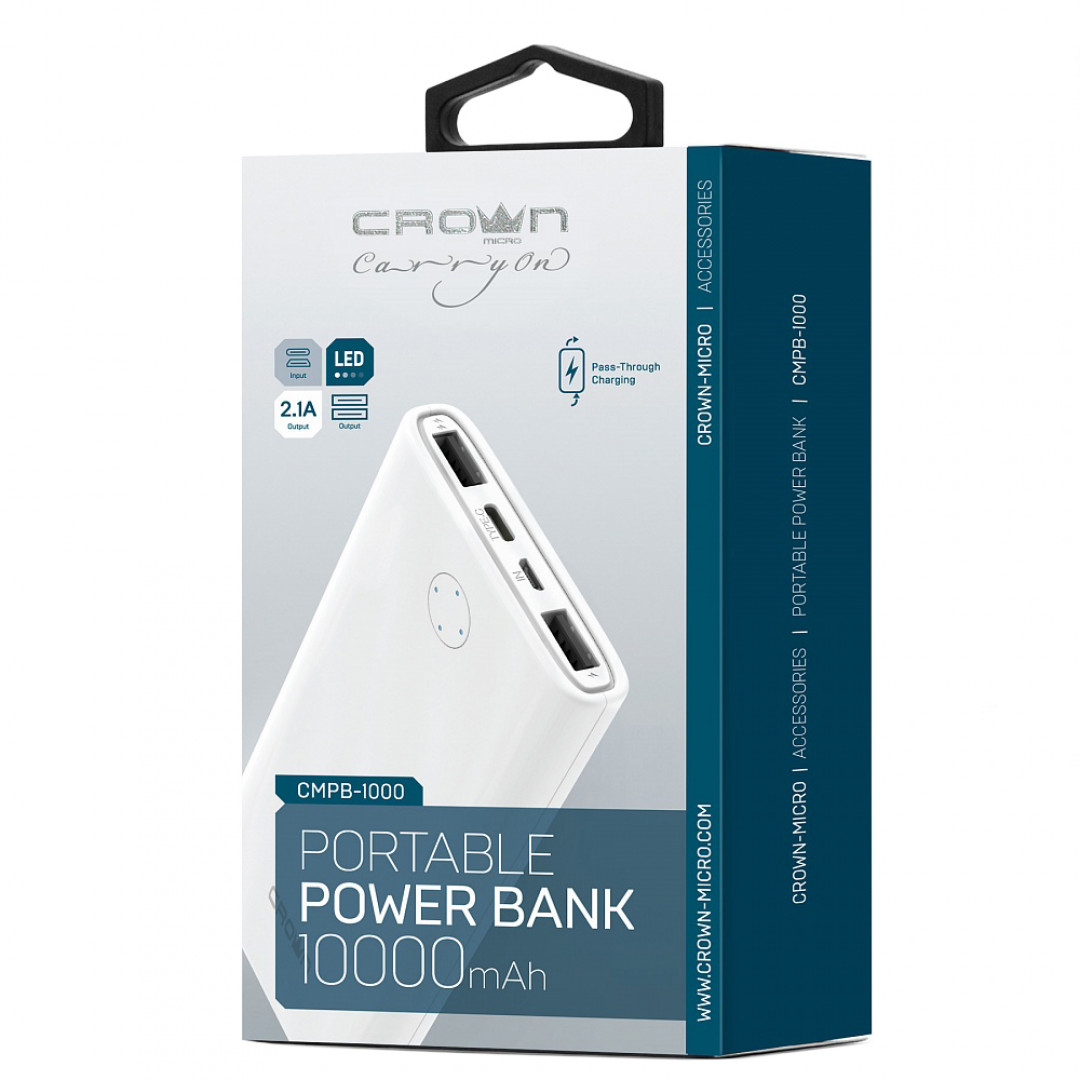 Power Bank Crown White 10000 mAh 2USB 2.1A