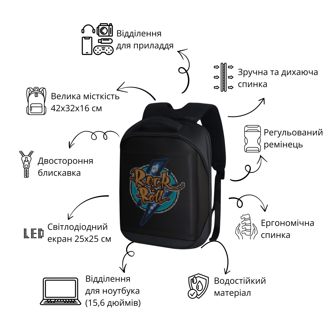 Рюкзак Sobi Pixel Dynamic SB9705 Black з LED екраном